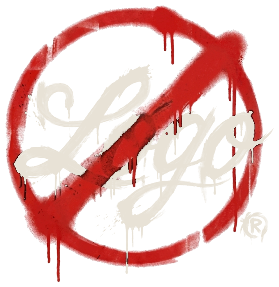 No LoGo logo: the word Logo in brush script inside a red spray-painted prohibition sign
